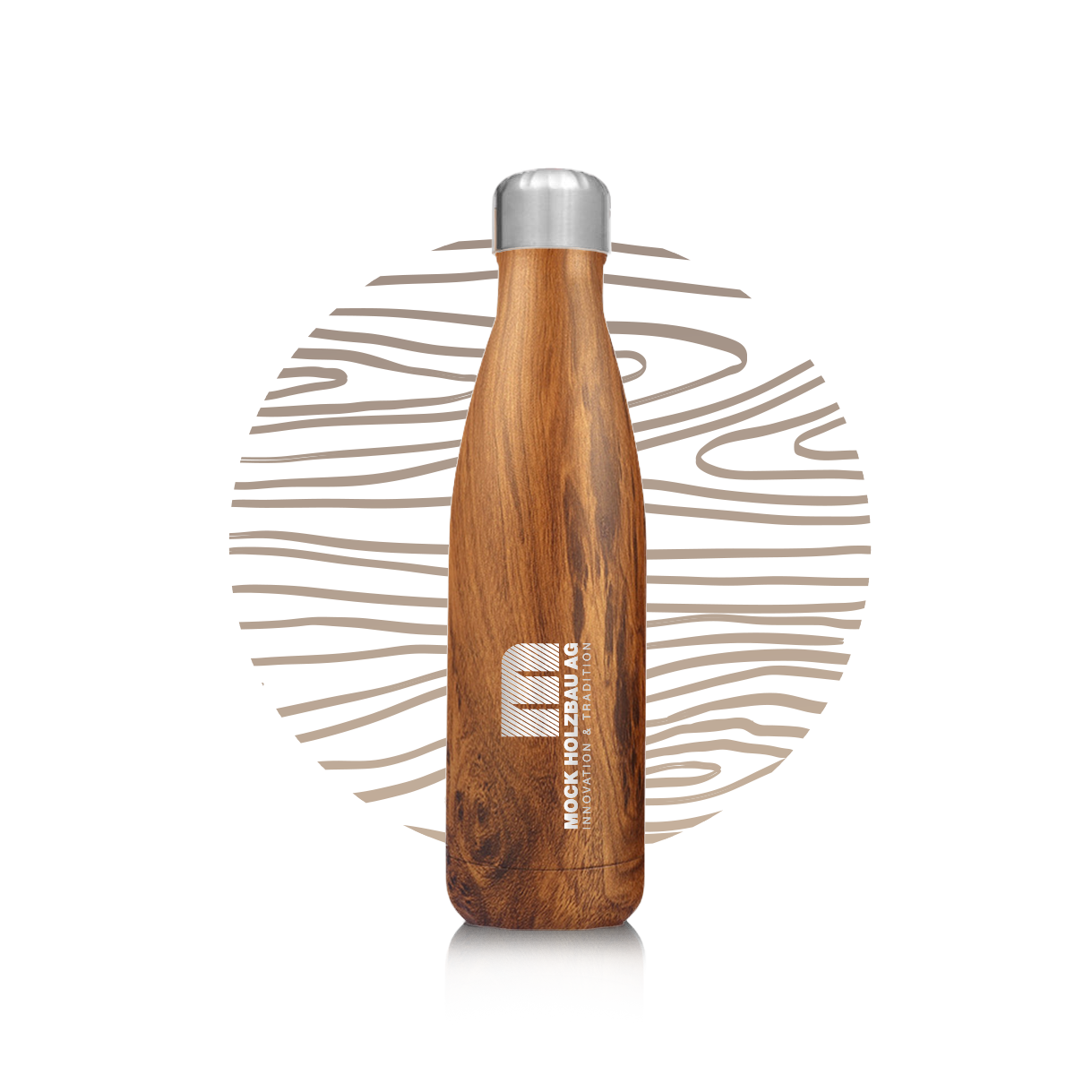 Edelstahlflasche im Holz Design mit Firmenlogo