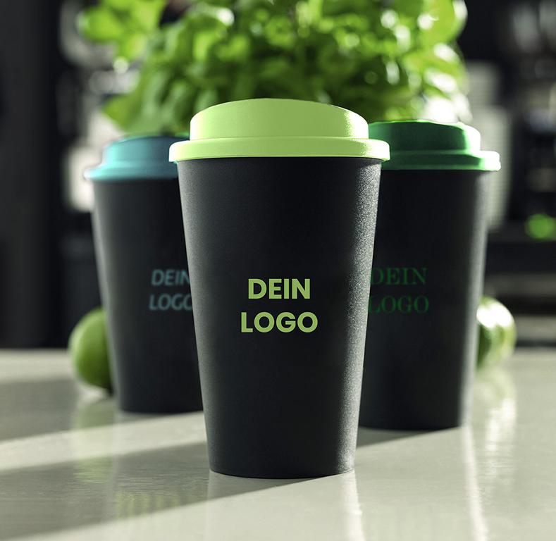 Thermobecher Kaffee mit Logo bedrucken schwarz